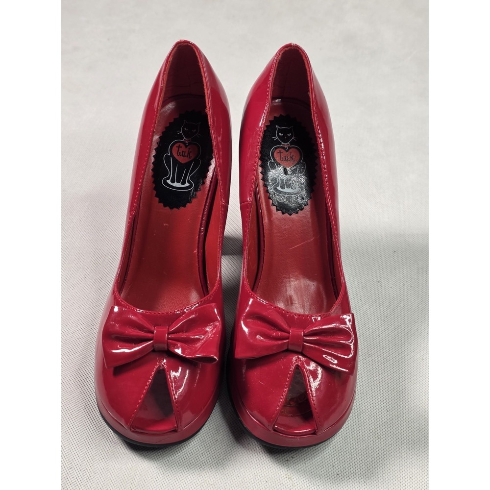 Vintage Tuk  Pattan Leather Shoes Open Toe, Red Chunky Heel Size 9, Pinup, 50s